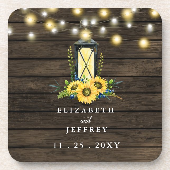 Barn Wood String Lights Sunflowers Wedding   Coaster (Front)