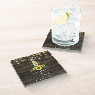 Barn Wood String Lights Sunflowers Wedding Glass Coaster