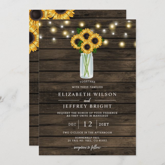 Barn Wood String Lights Sunflowers Wedding  Invitation (Front/Back)