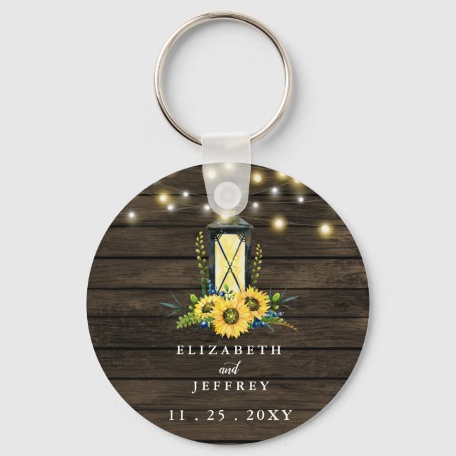Barn Wood String Lights Sunflowers Wedding  Key Ring (Front)