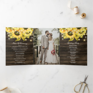 Barn wood String Lights Sunfowers Photo Wedding Tri-Fold Programme