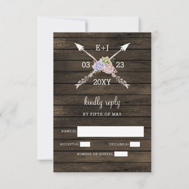 Barn Wood Succulent Antlers Country Chic Wedding  RSVP Card (Front)