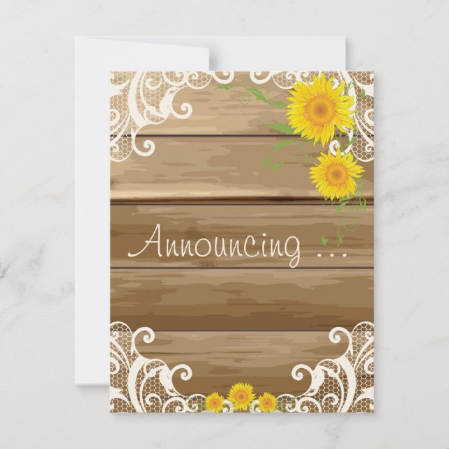 Barn Wood Sunflowers and Vintage Lace Engagement Announcement (Front)