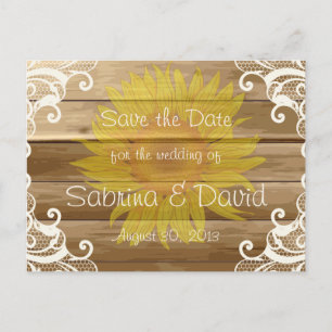 Barn Wood Sunflowers and Vintage Lace Save the Dat Announcement Postcard