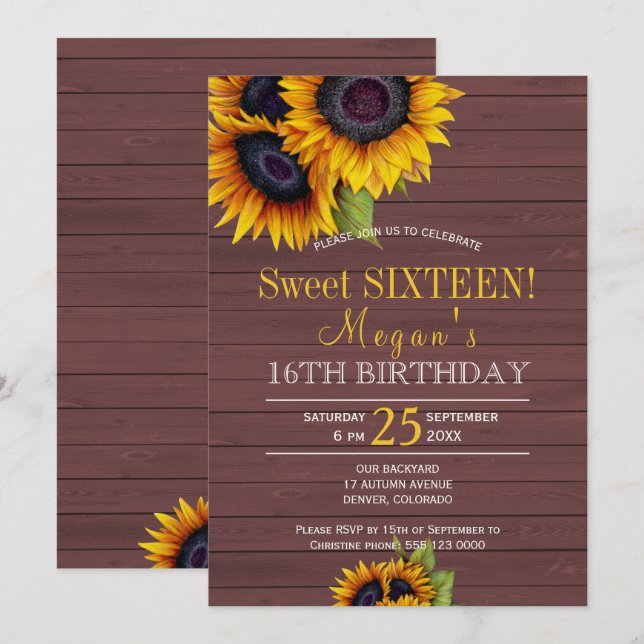 Barn wood sunflowers chic rustic sweet sixteen invitation (Front/Back)