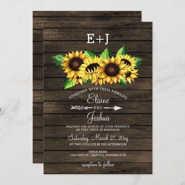 barn wood Sunflowers Country Rustic Wedding Invitation (Front/Back)
