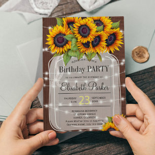 Barn wood sunflowers mason jar birthday party invitation