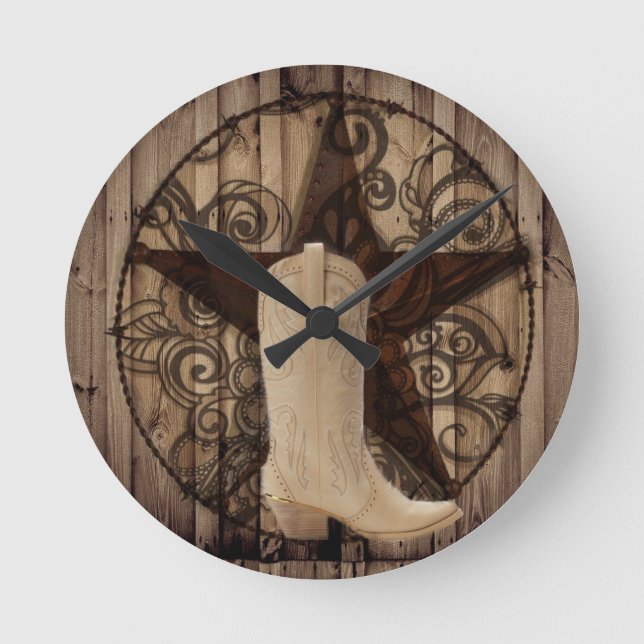 Barn Wood Texas Lone Star western country cowgirl Round Clock (Front)