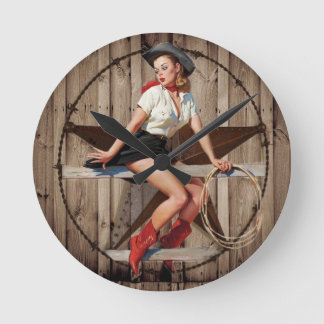 Barn Wood Texas Star western country Cowgirl Round Clock