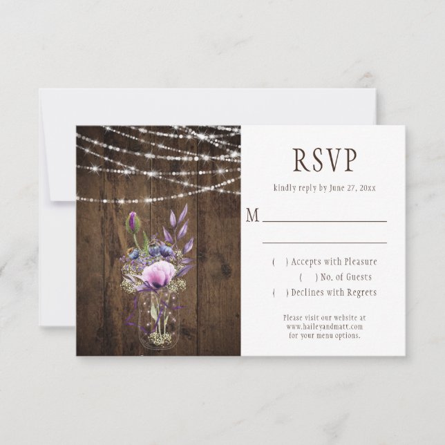 Barn Wood Violet Lavender Flowers Mason Jar RSVP Card (Front)