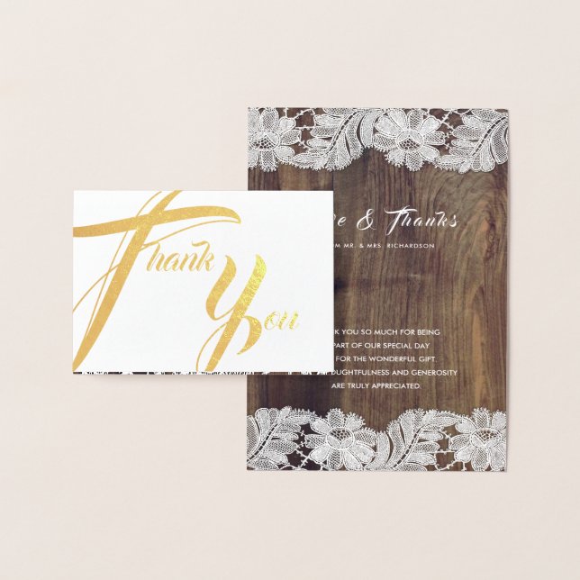 Barn Wood White Lace Wedding Thank You   Foil Card (Display)