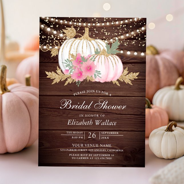 Barn Wood White Pumpkin Pink Floral Bridal Shower  Invitation (Creator Uploaded)