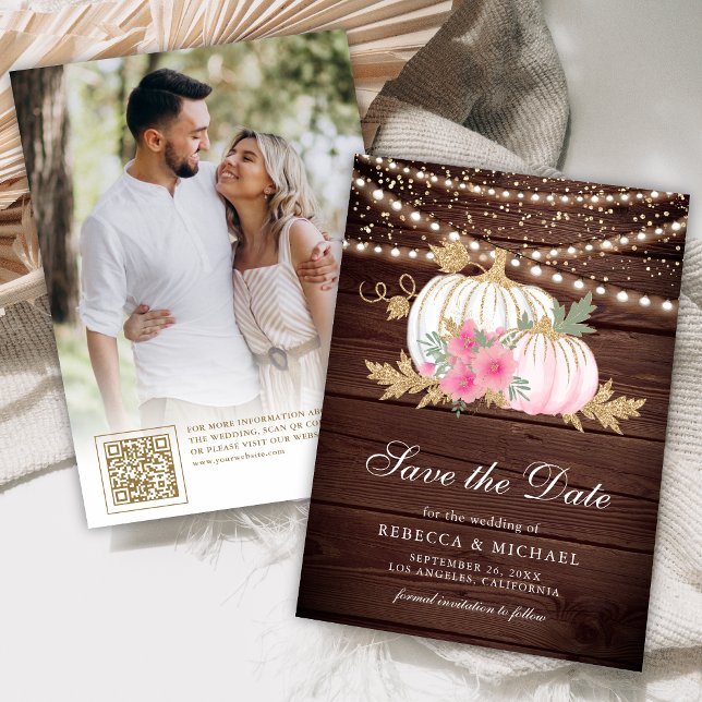 Barn Wood White Pumpkin Pink Floral Wedding Photo  Save The Date (Creator Uploaded)