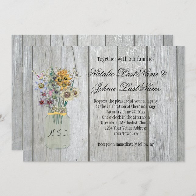 Barn Wood Wildflowers Mason Jar Ribbon Wedding Invitation (Front/Back)
