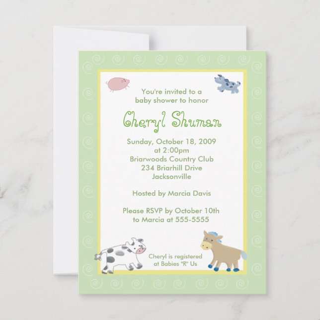 Barn Yard Farm Animals Green Swirl Baby Shower Invitation (Front)