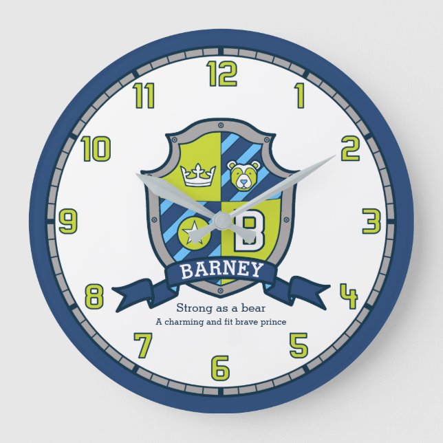 Barney boys name meaning green blue bear shield large clock (Front)