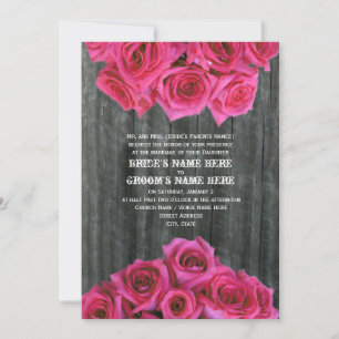 Barnwood and Hot Pink Roses Wedding Invitation