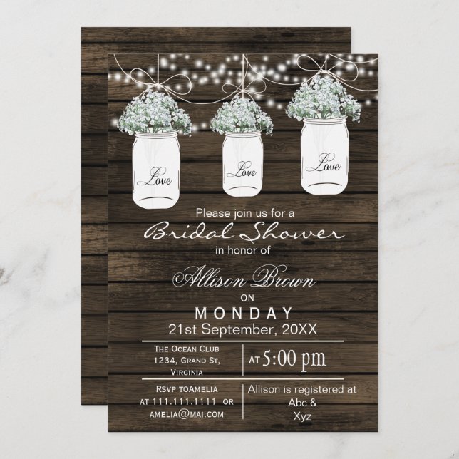 Barnwood babys breath mason jar bridal shower invitation (Front/Back)