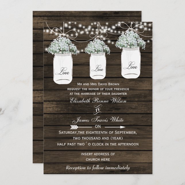 Barnwood baby's breath mason jar wedding invites (Front/Back)
