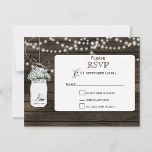 Barnwood baby's breath mason jars wedding RSVP Card