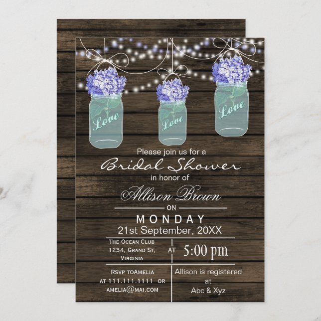 Barnwood blue mason jar rustic bridal shower invitation (Front/Back)