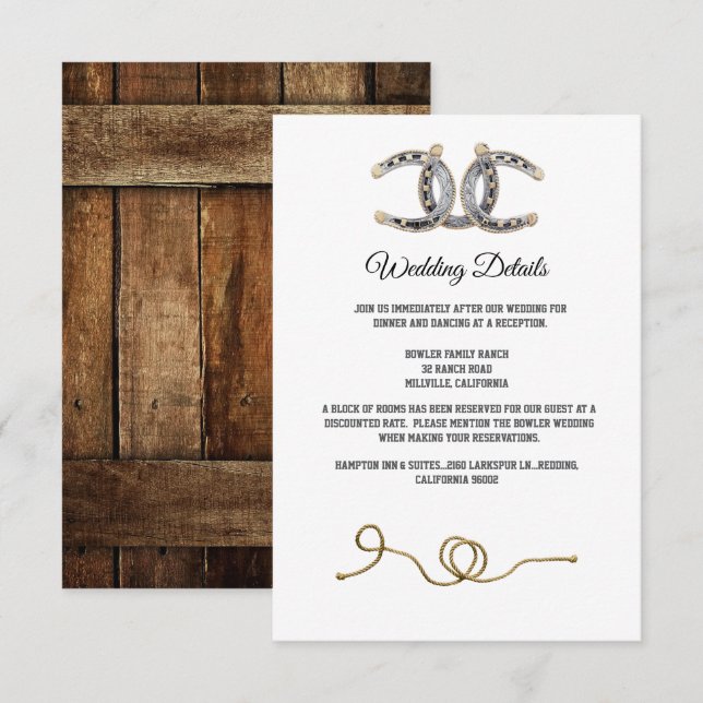 Barnwood, Country Lace & Horseshoes Wedding Enclosure Card (Front/Back)