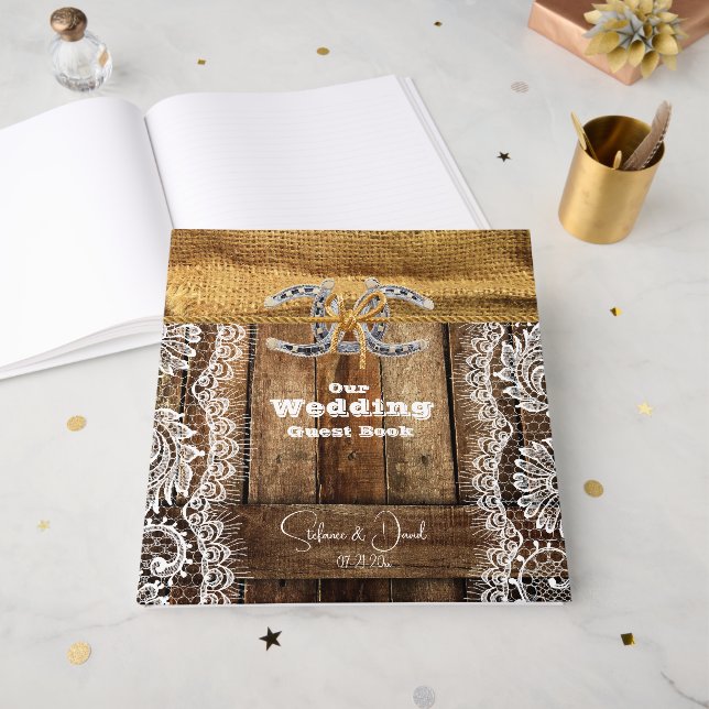 Barnwood Country Lace Horseshoes Wedding Guest Book (Front Open)