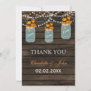 Barnwood fall leaves mason jars Thank You Invitation