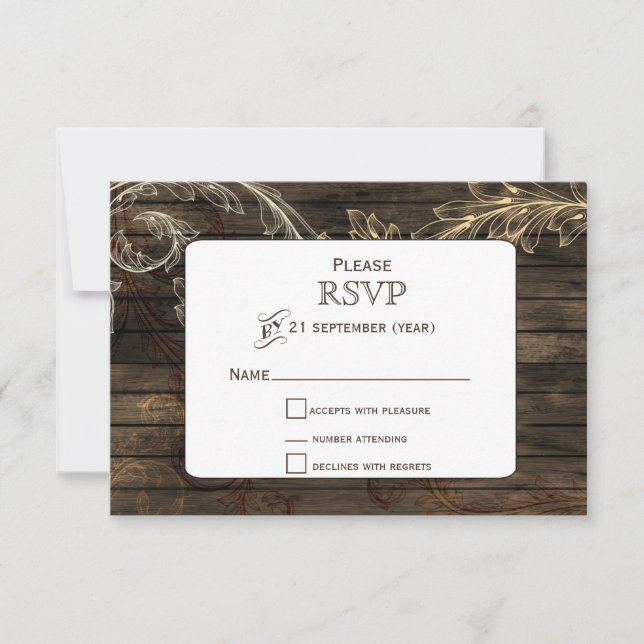 Barnwood flourish rustic wedding RSVP Card (Front)