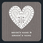 Barnwood Inspired Lace Heart Wedding Sticker<br><div class="desc">A wedding sticker featuring a barnwood inspired background with illustration of a white lace inspired heart.  Personalise with your names.</div>
