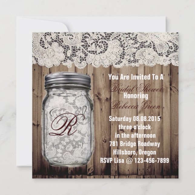 barnwood lace country  mason jar bridal shower invitation (Front)
