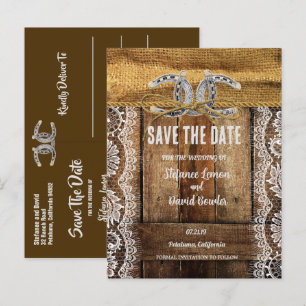 BARNWOOD, LACE & HORSESHOES SAVE THE DATE ANNOUNCEMENT POSTCARD