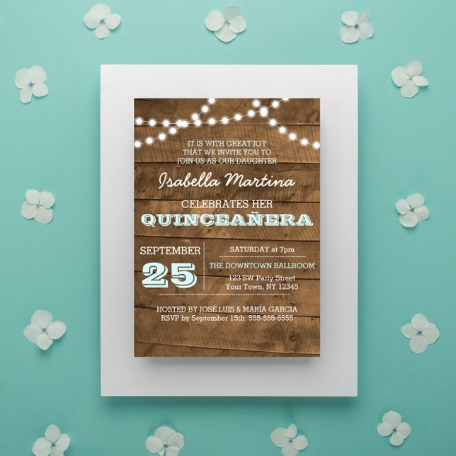 Barnwood Lights Aqua Quinceañera Invitation (Creator Uploaded)