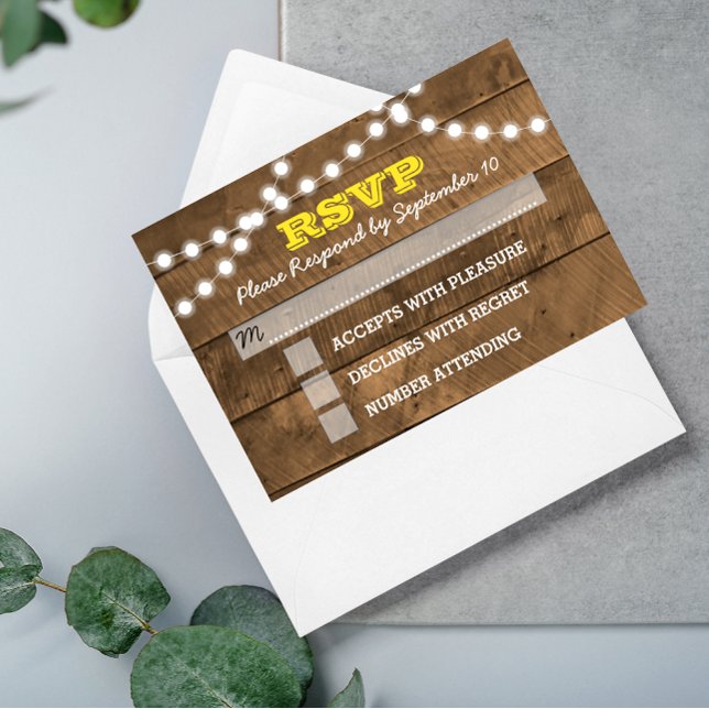 Barnwood Lights Gold Wedding RSVP Card (Creator Uploaded)