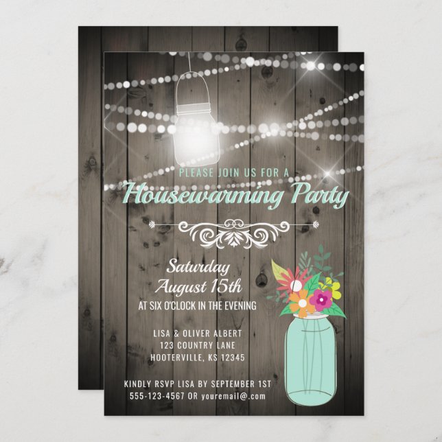 Barnwood Lights Mint Mason Jar Rustic Housewarming Invitation (Front/Back)