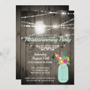 Barnwood Lights Mint Mason Jar Rustic Housewarming Invitation