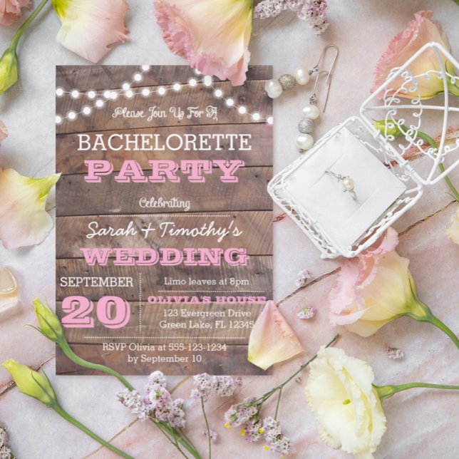 Barnwood Lights Pink Bachelorette Invitation (Creator Uploaded)