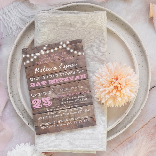 Barnwood Lights Pink Bat Mitzvah Invitation (Creator Uploaded)