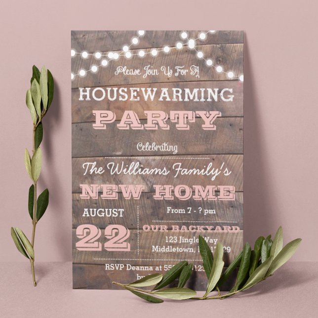 Barnwood Lights Pink Housewarming Invitations (Creator Uploaded)
