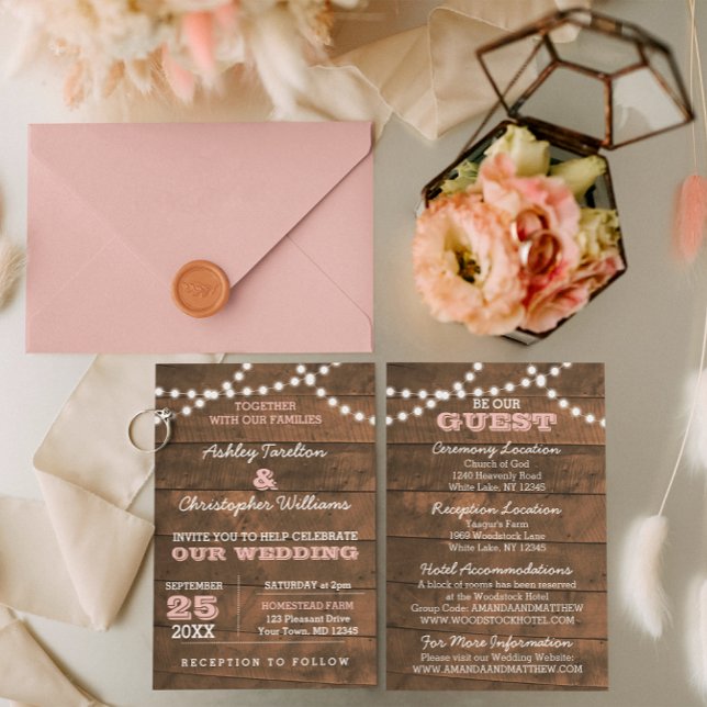 Barnwood Lights Pink Wedding Information Card (Creator Uploaded)
