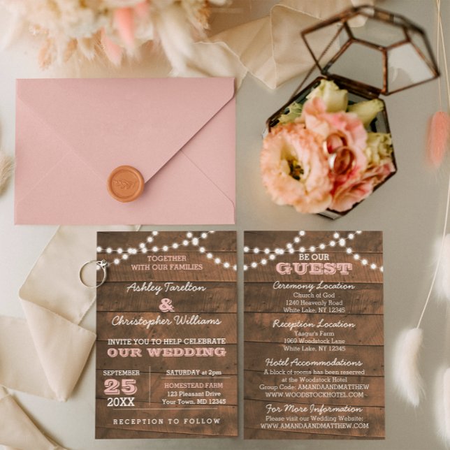 Barnwood Lights Pink Wedding Invitation (Creator Uploaded)