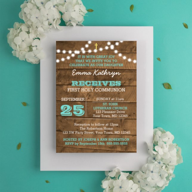 Barnwood Lights Teal First Communion Invitation (Creator Uploaded)