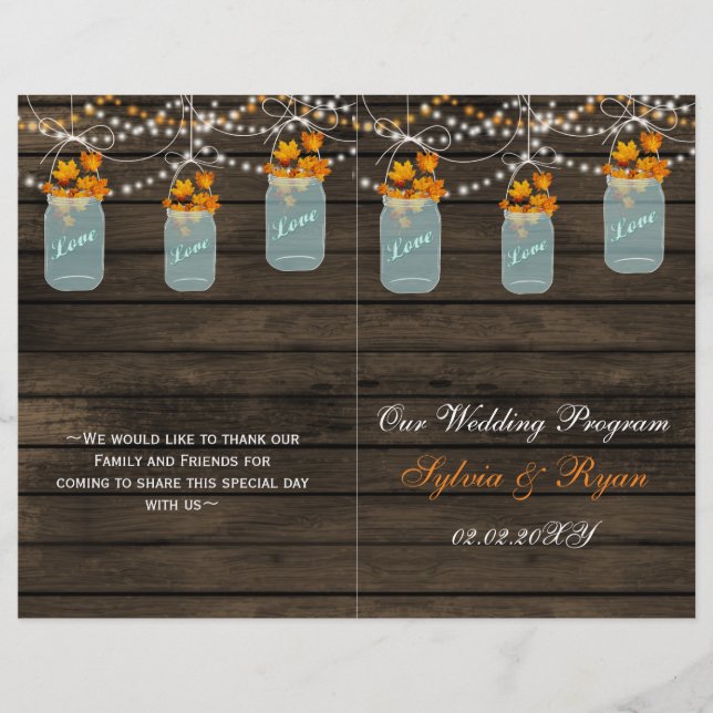 Barnwood mason jars, fall leaves programs folded (Front)