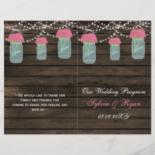 Barnwood mason jars, pink flowers programs folded