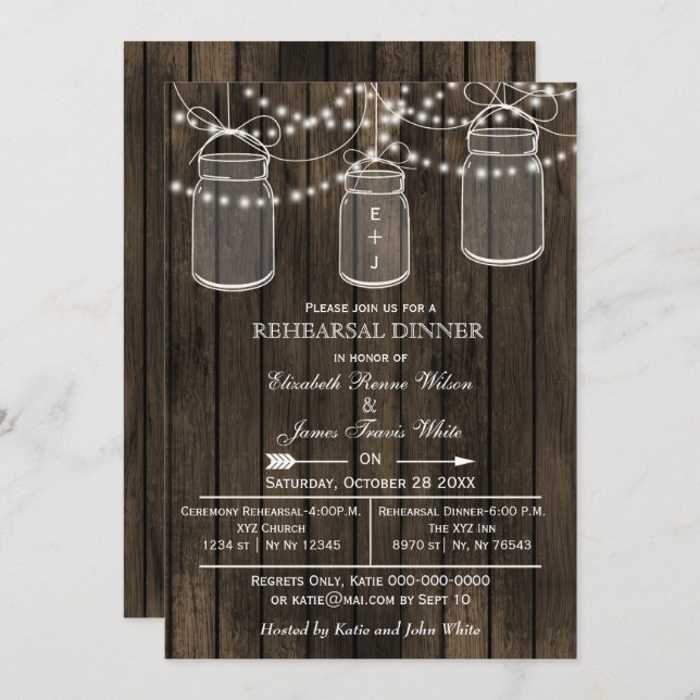 Barnwood,mason jars rustic rehearsal dinner invite (Front/Back)
