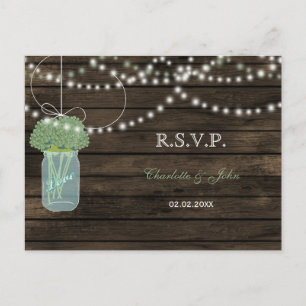 Barnwood mason jars sage wedding RSVP Invitation Postcard