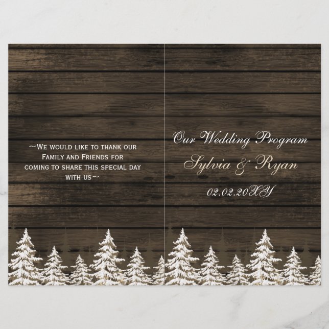 Barnwood Pine trees, winter wedding program folded (Front)