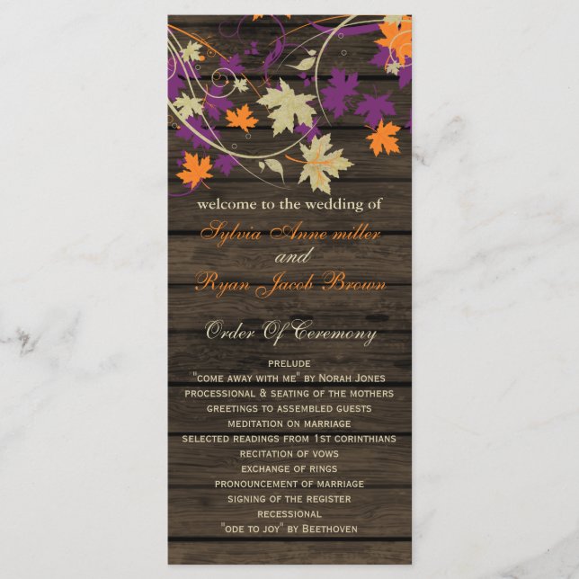 Barnwood plum fall wedding programs tea length programme (Front)