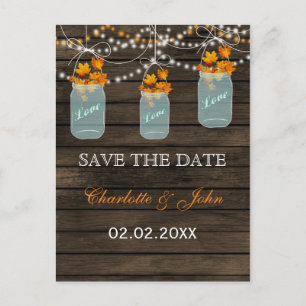 Barnwood Rustic fall leaves mason jars save dates Announcement Postcard