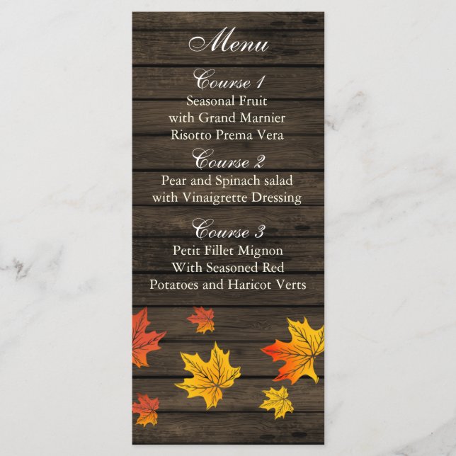 Barnwood Rustic Fall wedding menu cards (Front)